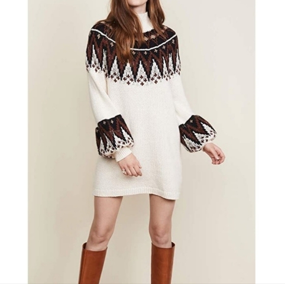 Free People Scotland Wool Blend Fair Isle Knit Puff Sleeve Sweater Dress Mini S - Picture 3 of 12
